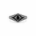 Silver ring with a black cu zirconia gemstone wth dot detailing on a white background.