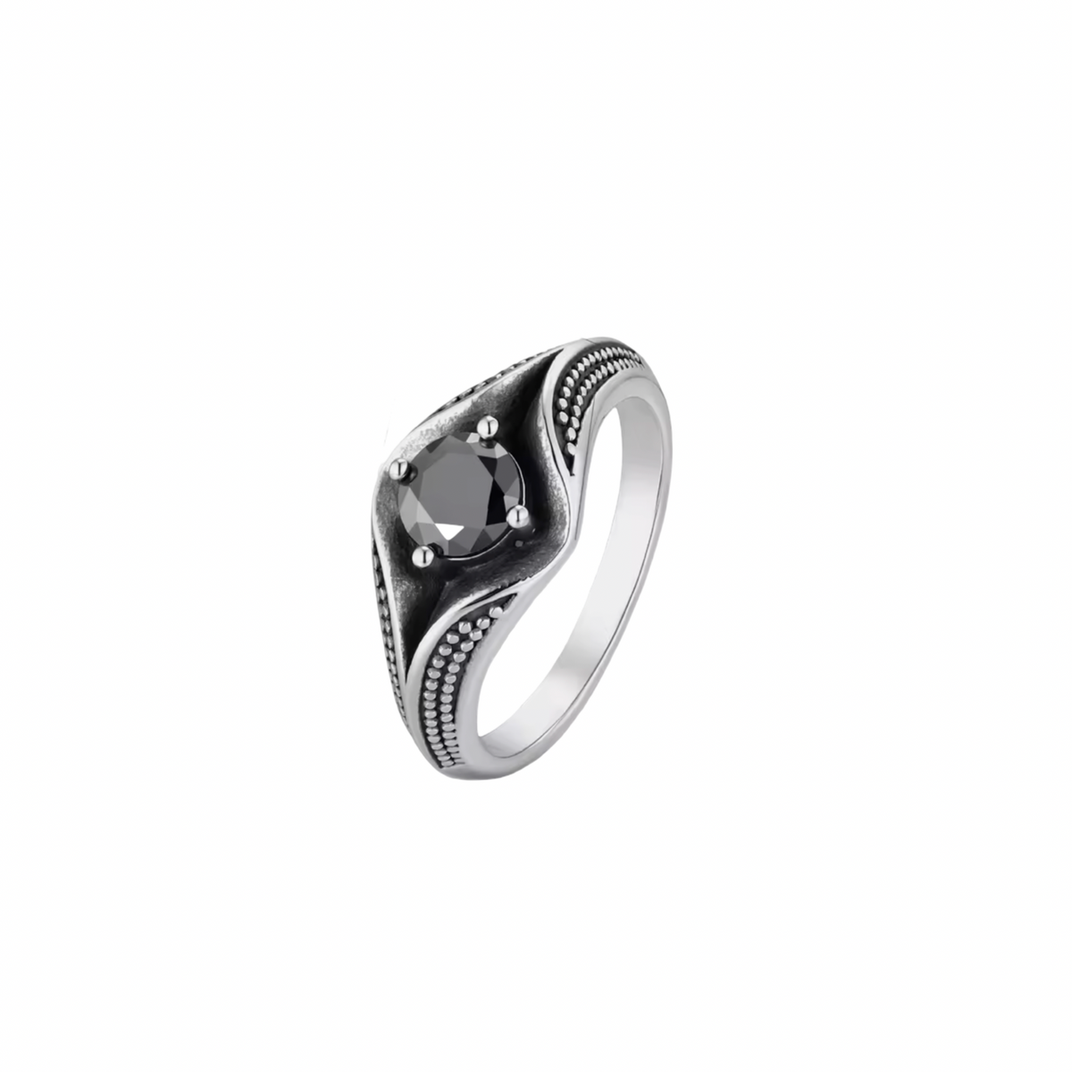 Silver ring with a black cubic zirconia gemstone and surrounded with a dot detail on a white background.