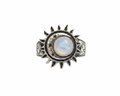 A silver sun and moon ring featuring a central round moonstone with a soft blue and white iridescent sheen, set against a plain white background.