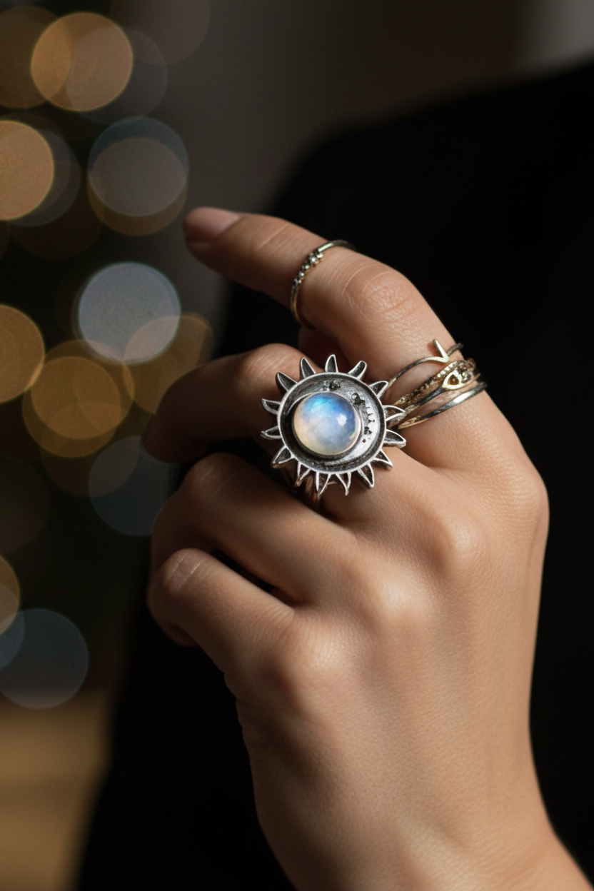 A close-up of a hand wearing a silver sunburst ring with a round moonstone cabochon, alongside other delicate rings, set against a dark background with warm bokeh lights.