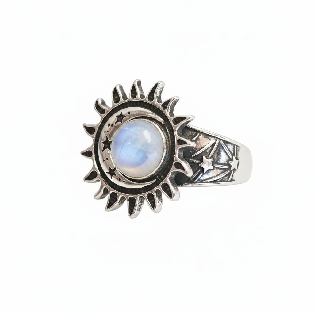 A silver-toned celestial ring featuring a central moon and sun design with a milky white moonstone, set against a plain white background.