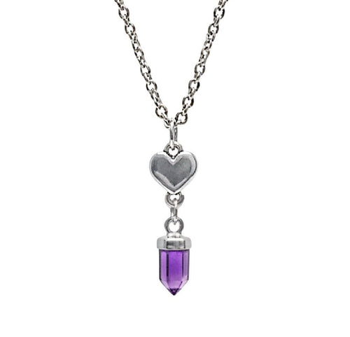A silver chain with a silver heart and an Amethyst crystal pendant against a white background. 