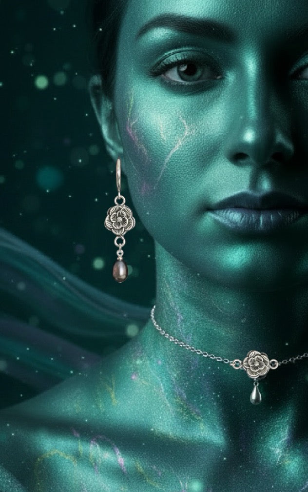 A close-up portrait of a woman with metallic teal skin wearing a matching jewelry set: a rose-shaped dangle earring and a delicate necklace with a rose pendant. The background is dark teal with glowing light effects.
