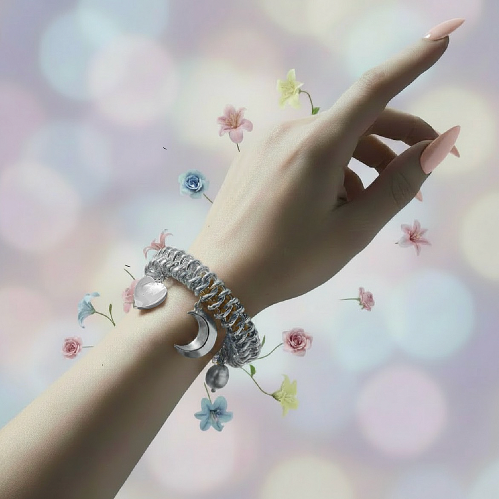 Hand wearing a silver bracelet with floral decorations on a blurred background