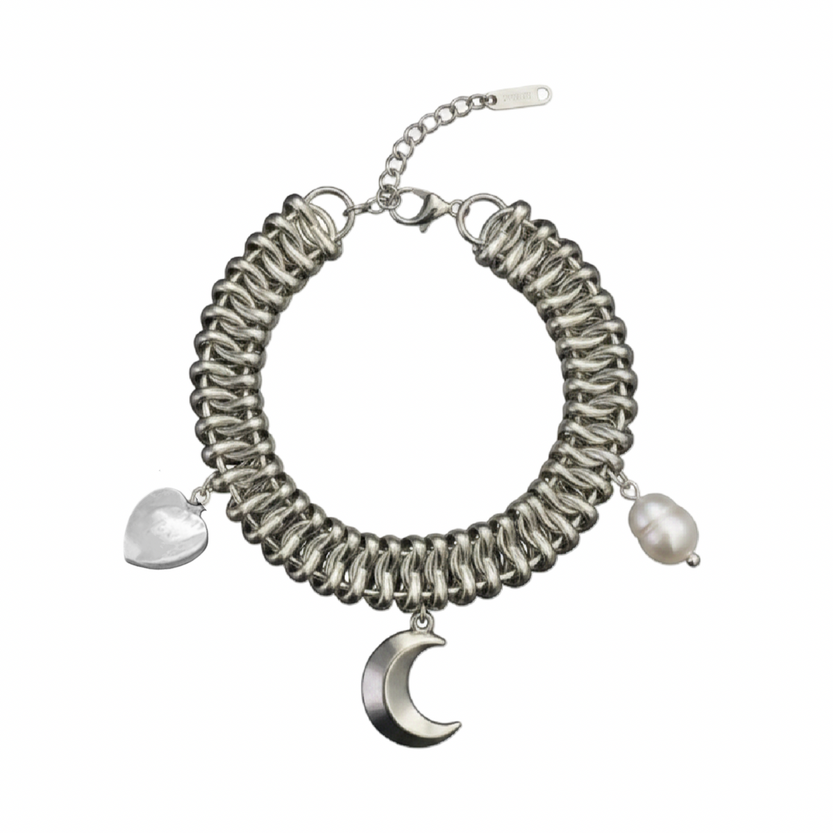 Silver bracelet with pearl and moon charm on a white background