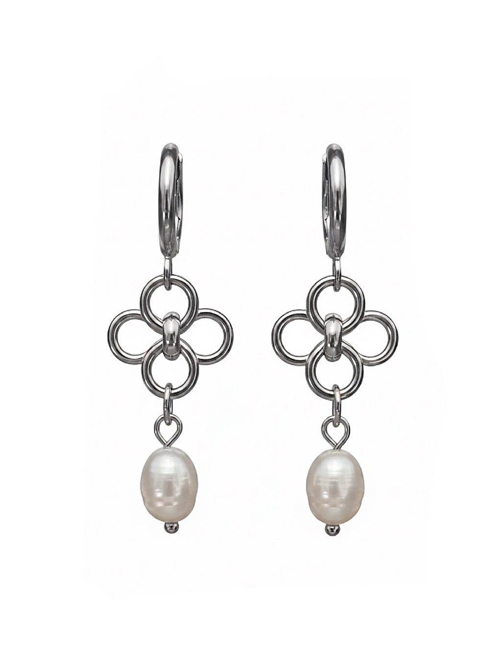 A pair of silver-toned dangle earrings featuring a five-ring floral motif with a dangling baroque pearl, shown against a plain white background.
