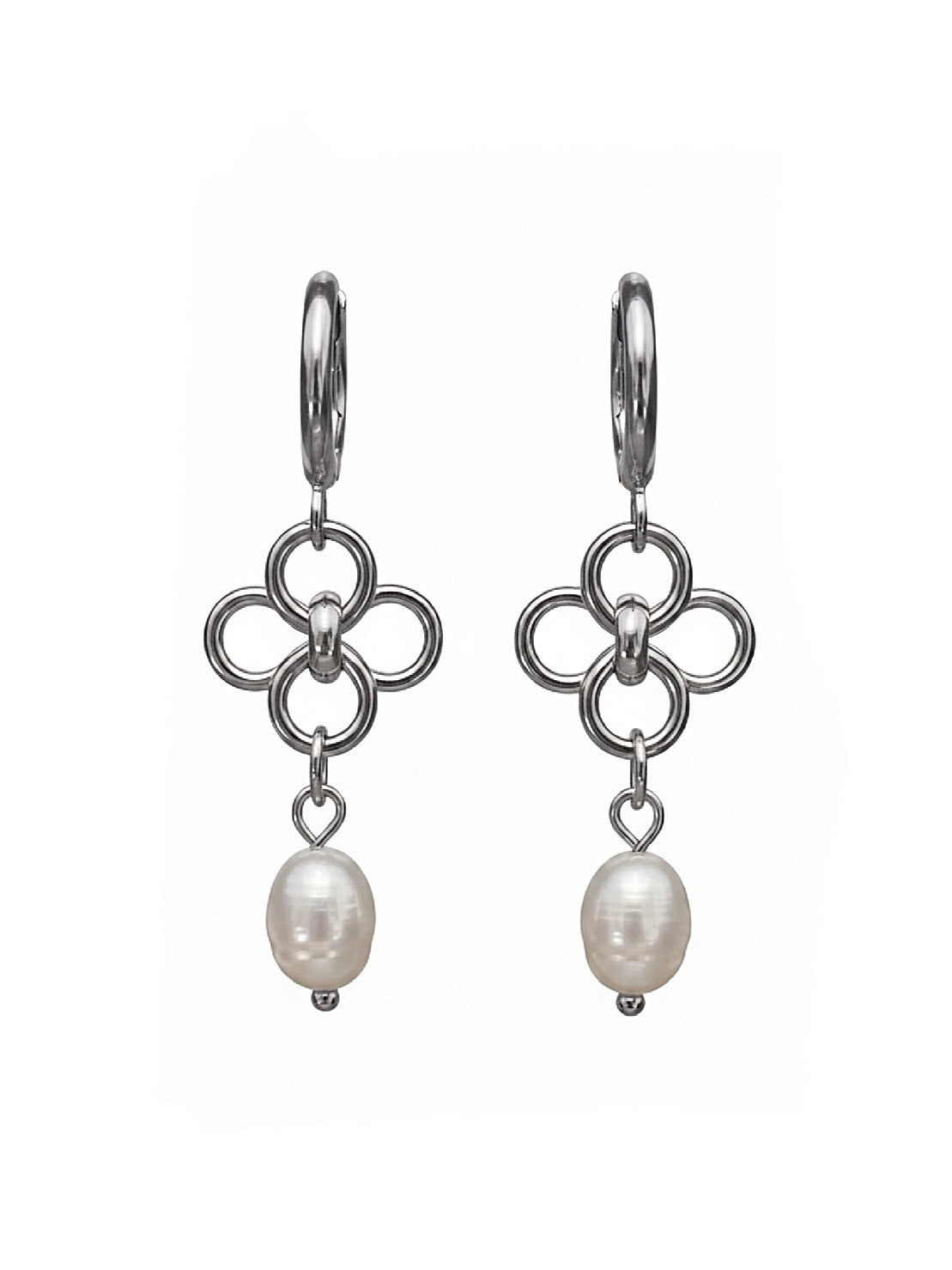 A pair of silver-toned dangle earrings featuring a five-ring floral motif with a dangling baroque pearl, shown against a plain white background.