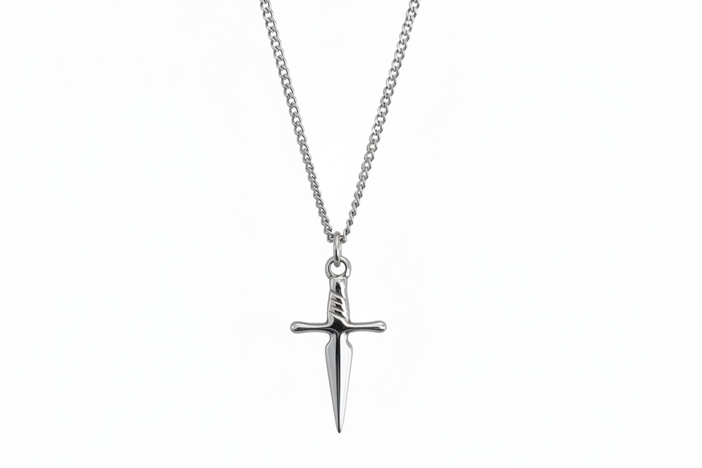Silver sword-shaped pendant on a chain against a white background