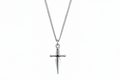 Silver sword-shaped pendant on a chain against a white background