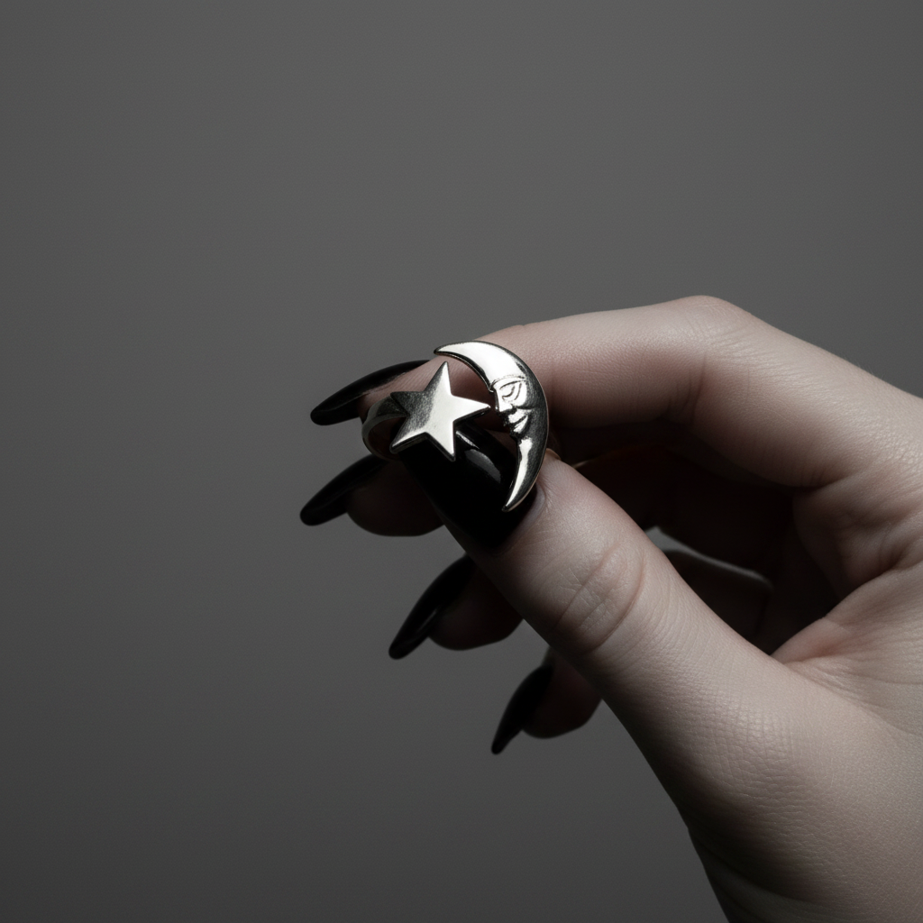 Hand holding a gold ring with star design against a dark background