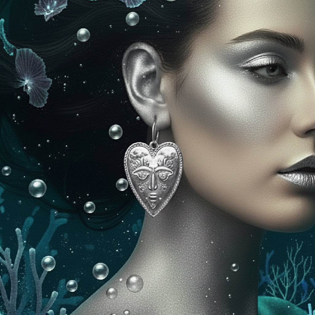 A close-up portrait of a woman wearing a silver heart-shaped dangling earring with an engraved face motif, set against an underwater-themed dark background with bubbles and coral.