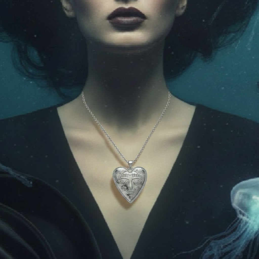 A silver heart-shaped pendant necklace with an engraved celestial design, worn on a model's neck against a dark teal underwater-themed background.