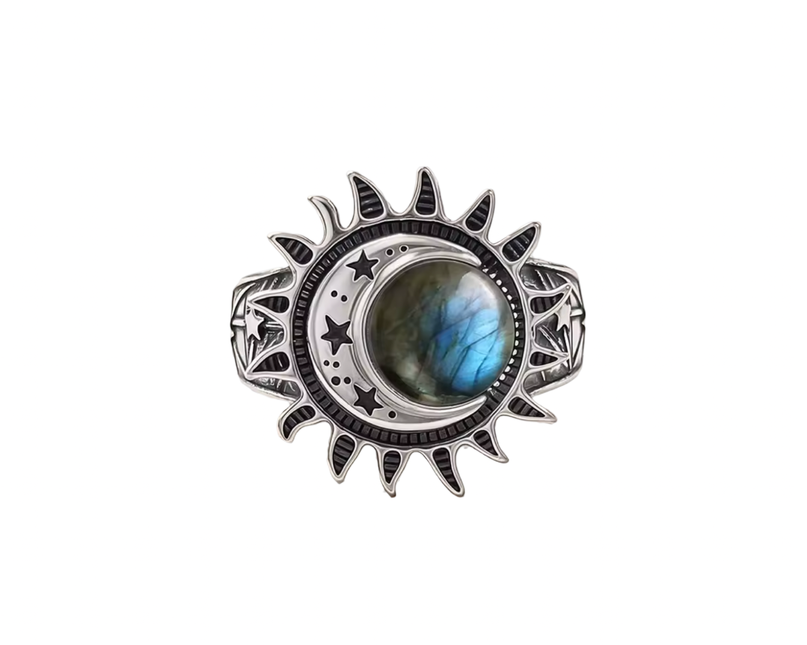 A silver-toned ring featuring a crescent moon and sun design with a central oval labradorite stone showing blue and green iridescence, set against a plain white background.