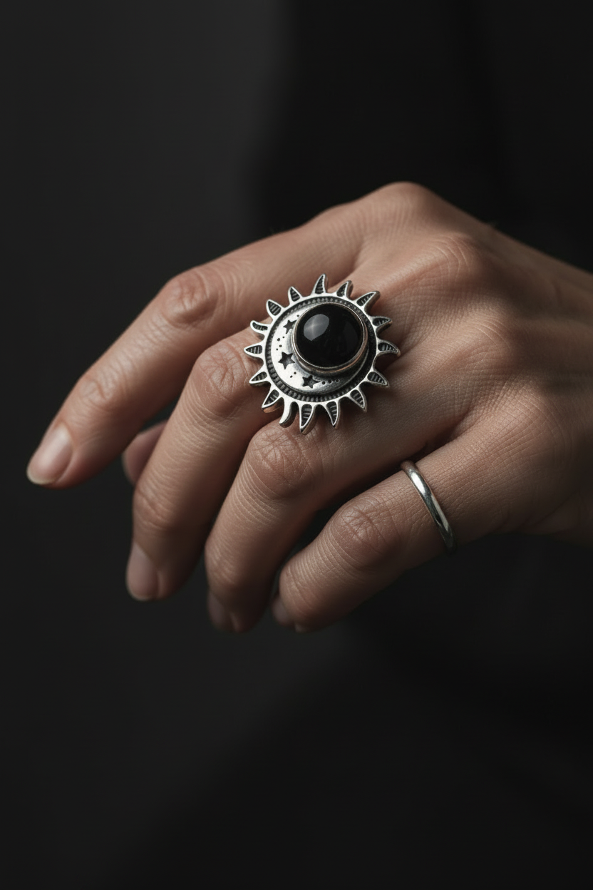 A hand wearing a large silver sunburst ring with a central black agate stone, shown against a dark background.