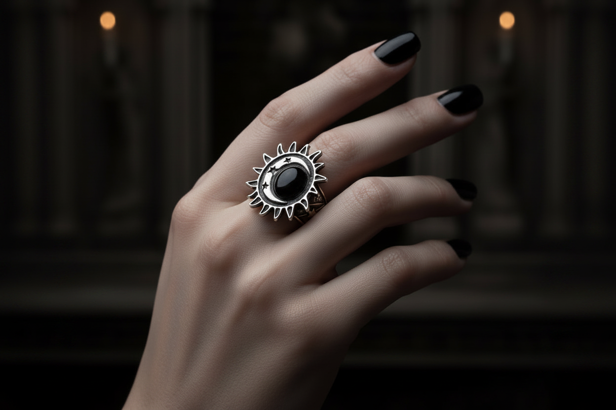 A hand with black manicured nails wearing a silver ring featuring a central black round stone surrounded by radiating sunburst-like details, set against a dark, blurred background.