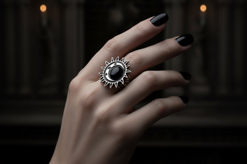 A hand with black manicured nails wearing a silver ring featuring a central black round stone surrounded by radiating sunburst-like details, set against a dark, blurred background.