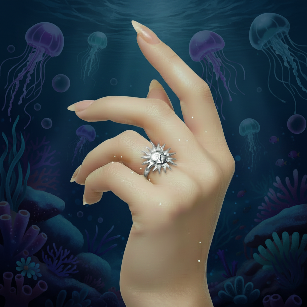 A hand with manicured nails wears a silver sunburst ring with a central clear gemstone, set against an underwater scene with jellyfish and coral.