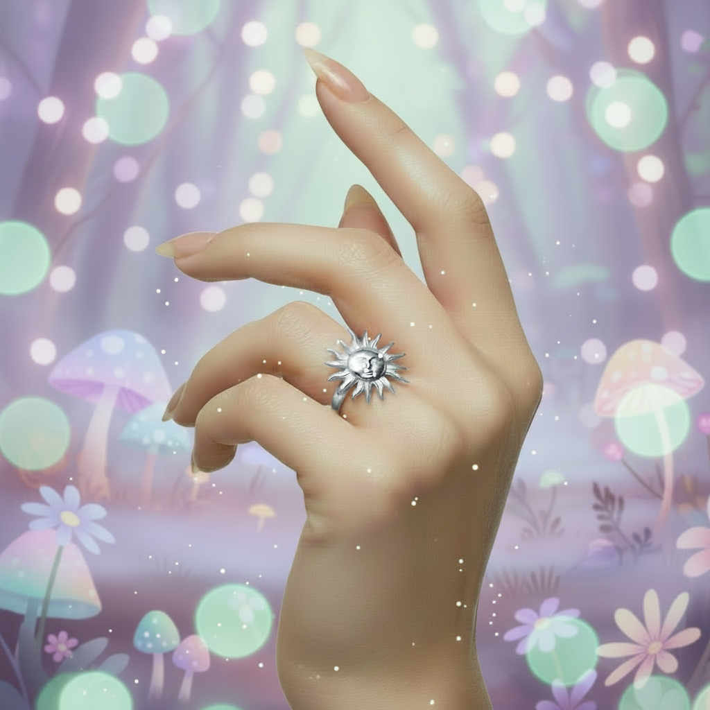 Hand wearing a silver ring with a sun design against a pastel mushroom and flower background