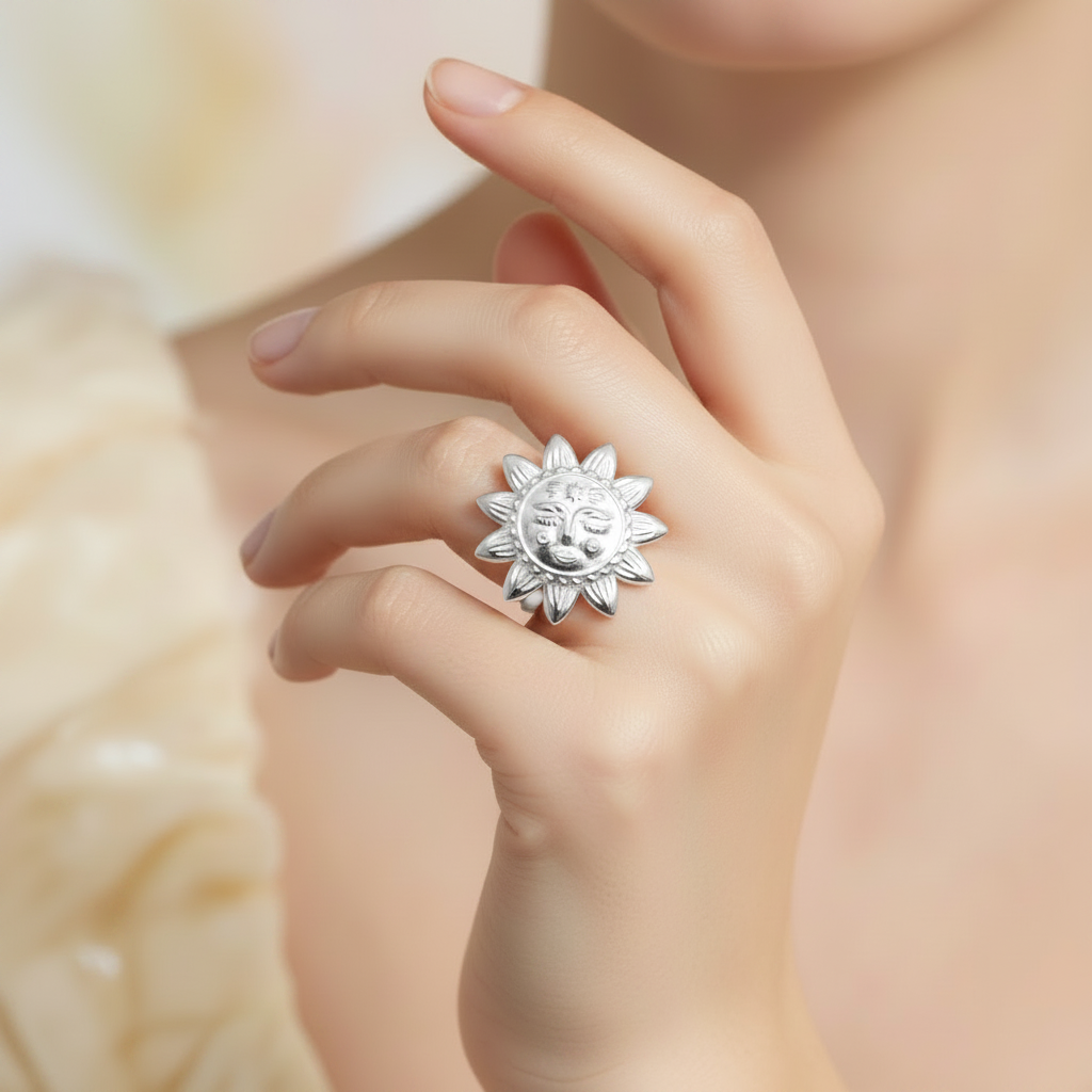 Silver sun-shaped ring on a hand with a soft blurred background