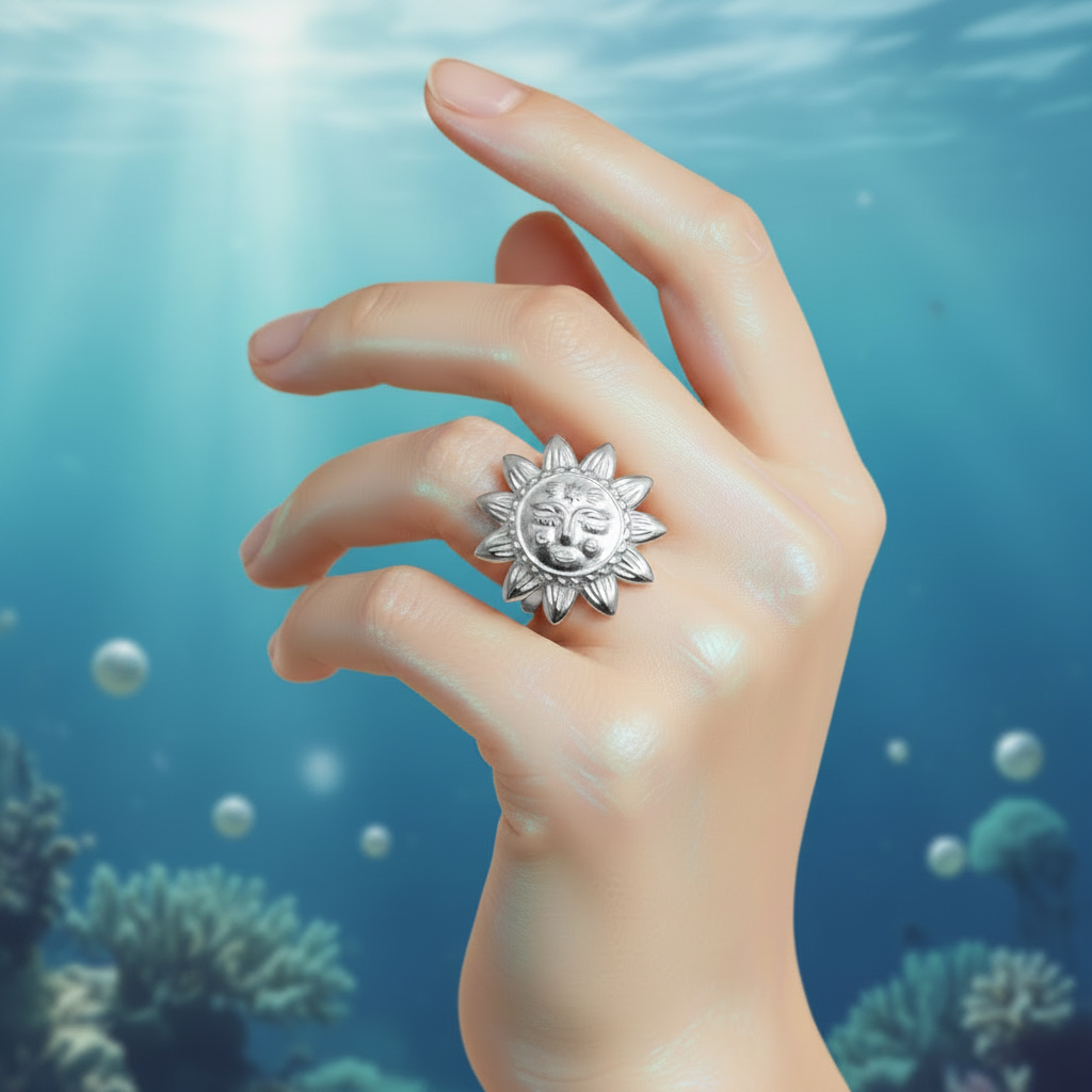 A silver sun-face ring worn on a hand, set against an underwater background with blue water and coral.