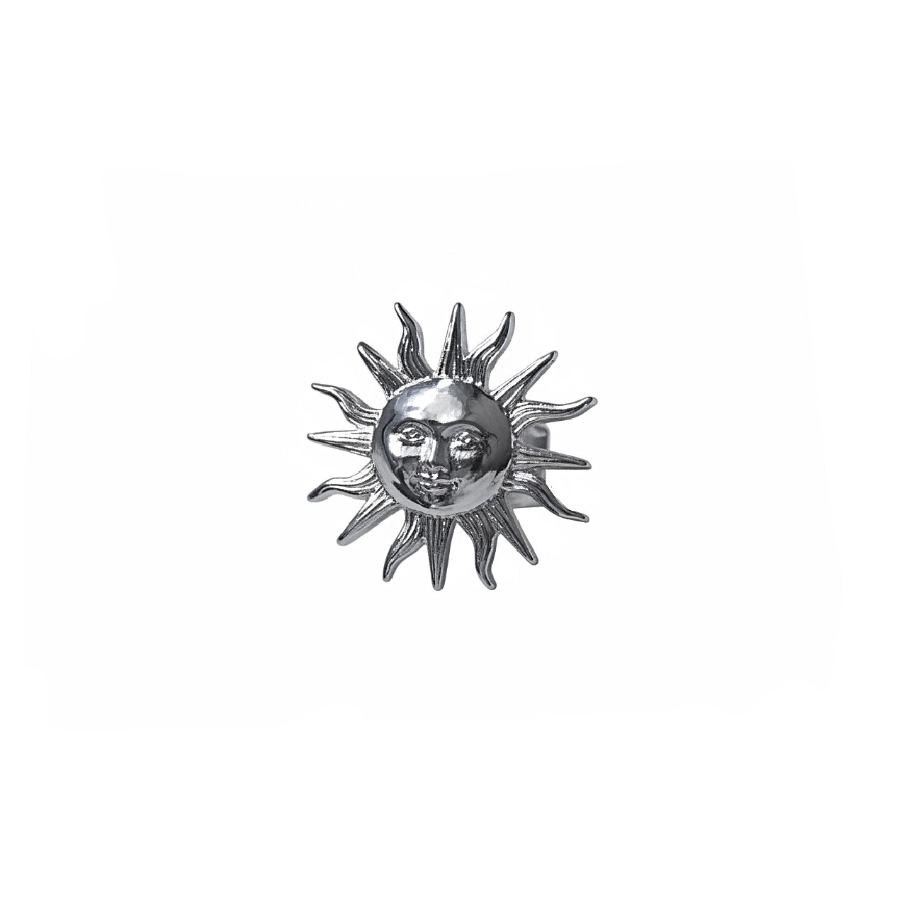 Silver sun design ring on a white background