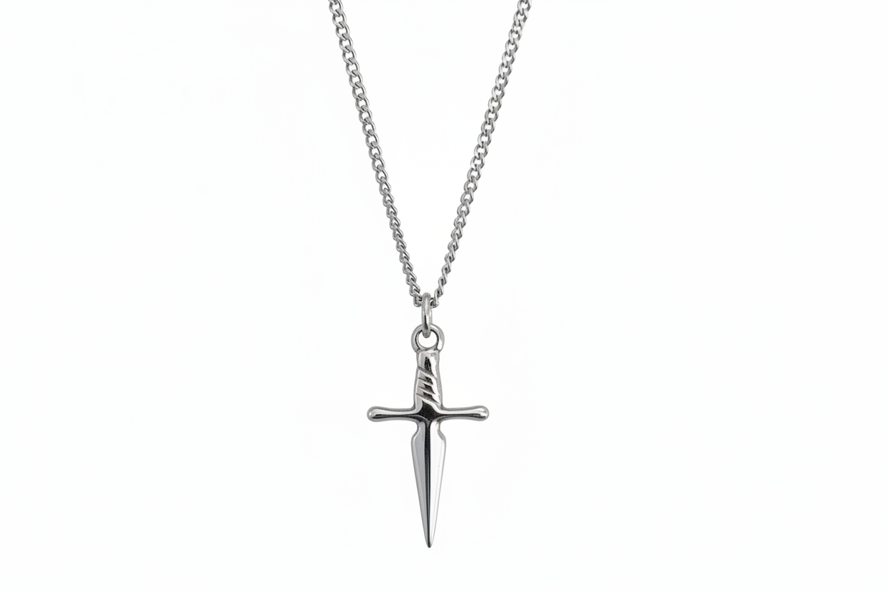 Silver sword-shaped pendant on a chain against a white background