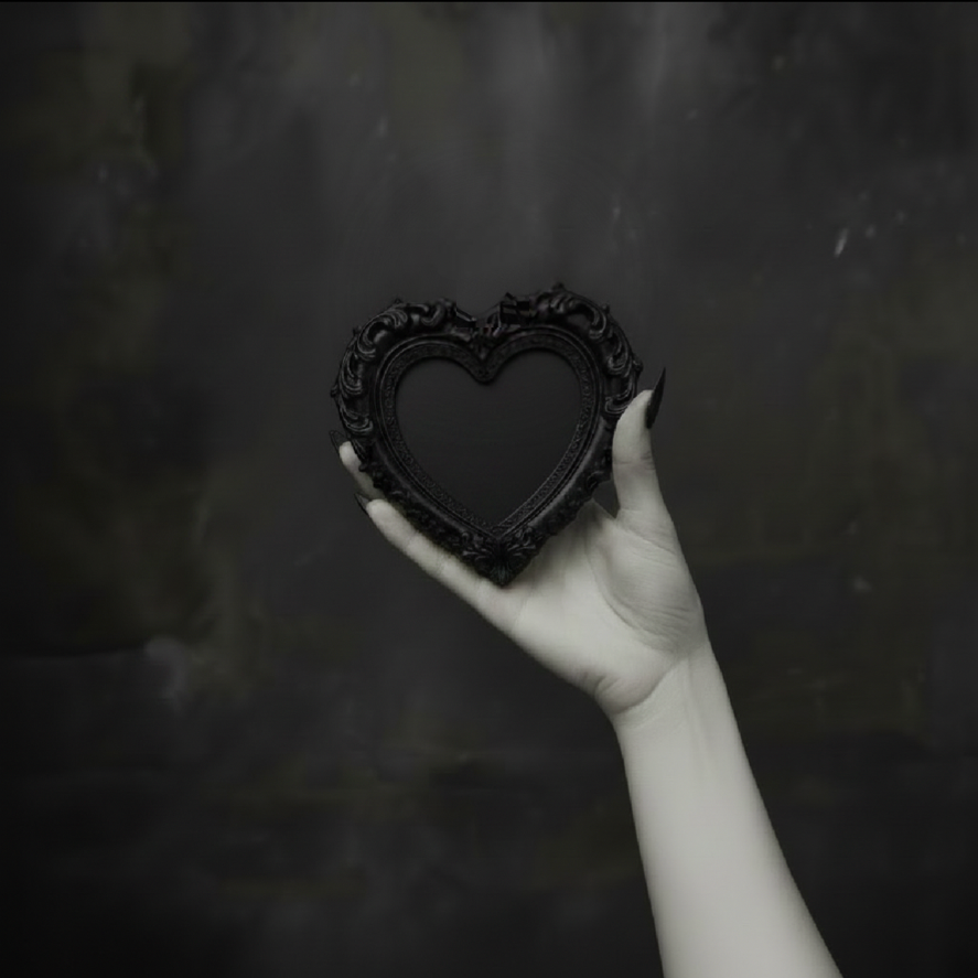 Hand holding a black heart-shaped frame against a dark background
