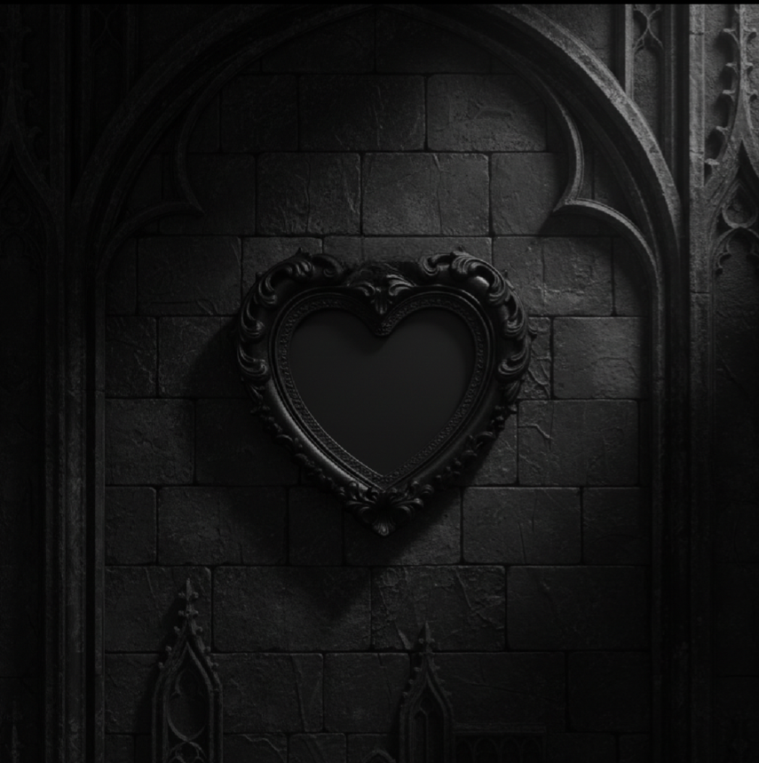 A dark, ornate heart-shaped picture frame with baroque-style detailing, mounted on a textured black stone wall with gothic arches in the background.