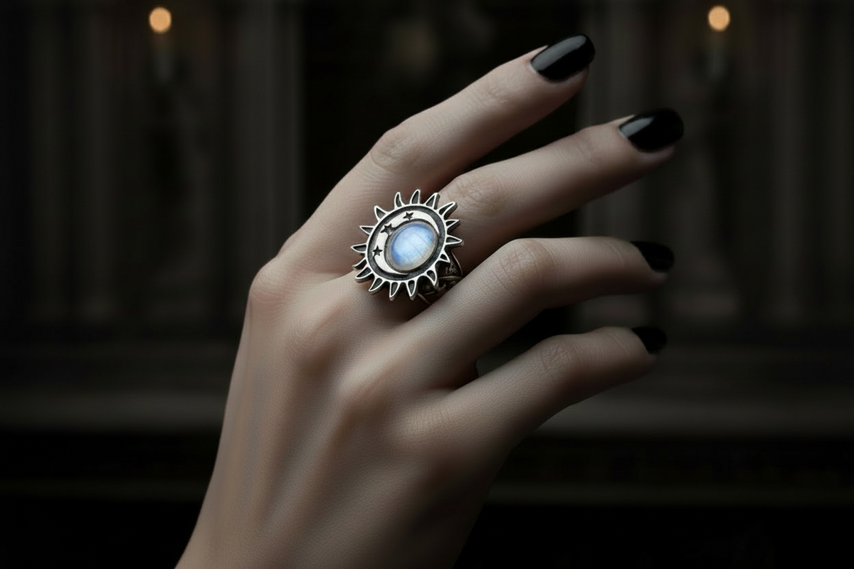 A silver sunburst ring with a central pale blue moonstone, worn on a hand with black manicured nails against a dark, blurred background.