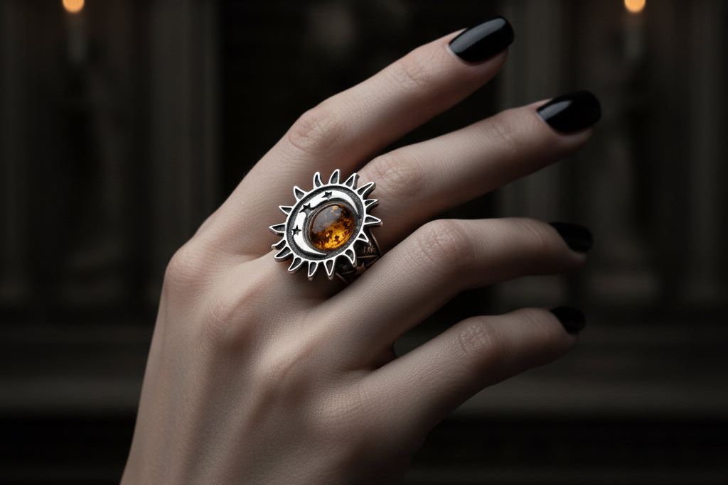 A silver ring with a crescent moon and sun design and a central amber gemstone, worn on a hand with black painted nails against a dark, moody background.