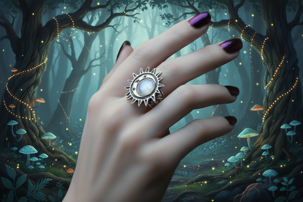 A hand with dark purple nail polish wears a large silver ring featuring a glowing white moon-like center, set against a mystical forest background with glowing mushrooms and trees.