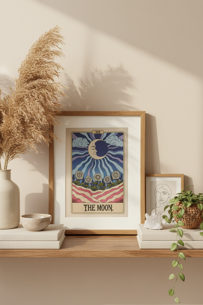 A framed art print featuring a stylized tarot card illustration labeled 'THE MOON' in a light wood frame, styled on a wooden shelf with dried pampas grass, books, a small bowl, a framed line drawing, and a potted plant against a warm beige wall.