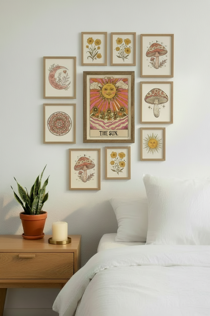 A gallery wall arrangement of nine framed botanical and celestial art prints hangs above a bed in a softly lit bedroom. The central print reads “THE SUN” and features a warm sun illustration, surrounded by mushrooms, flowers, and circular celestial designs in muted earthy tones.