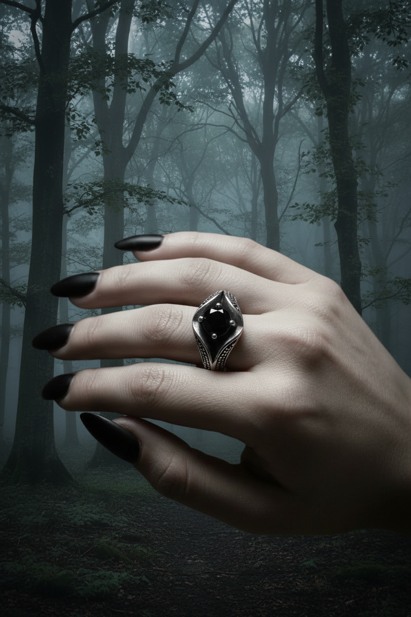 A hand with long black nails wears a large gothic-style silver ring featuring a black diamond-shaped centre with small dot details, set against a dark, misty forest background.