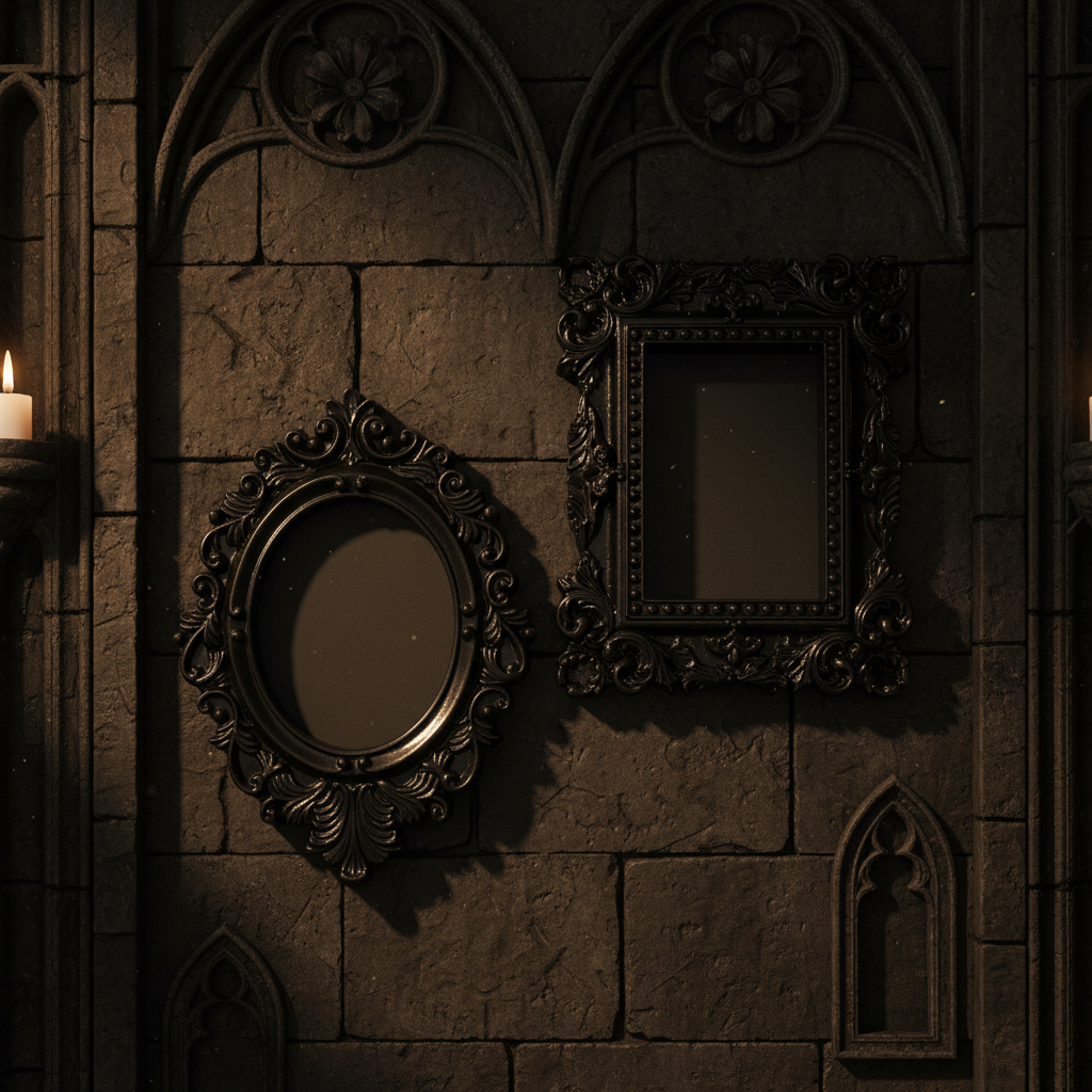 Two black gothic picture frames hung on a dark background.