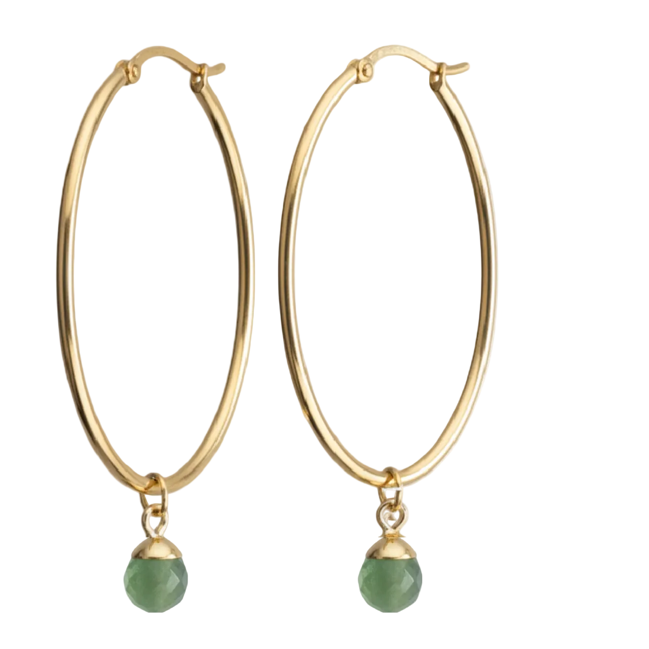 A pair of gold hoop earrings with faceted green bead drops, shown against a plain white background.