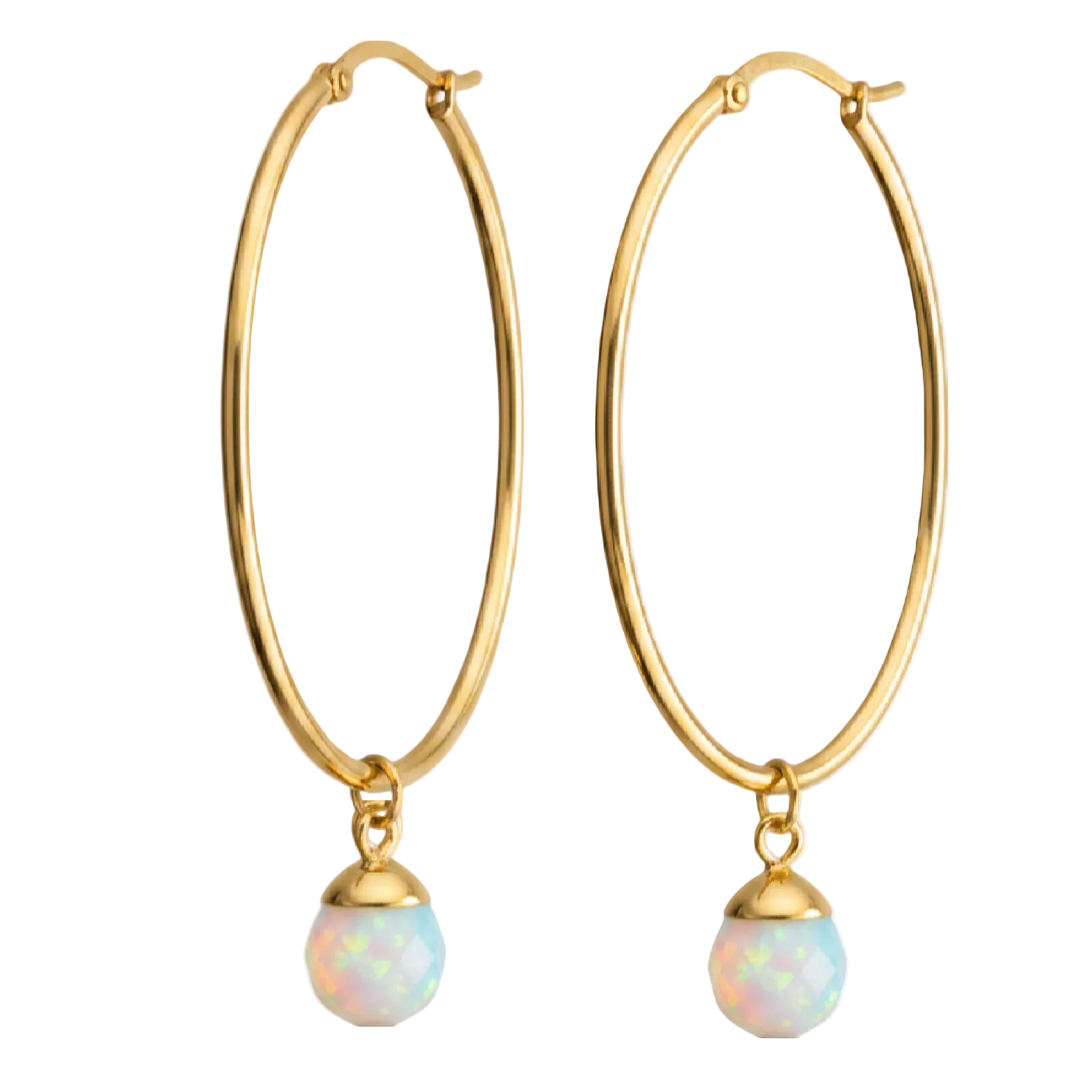 A pair of gold hoop earrings with dangling faceted opal beads, shown against a plain white background.