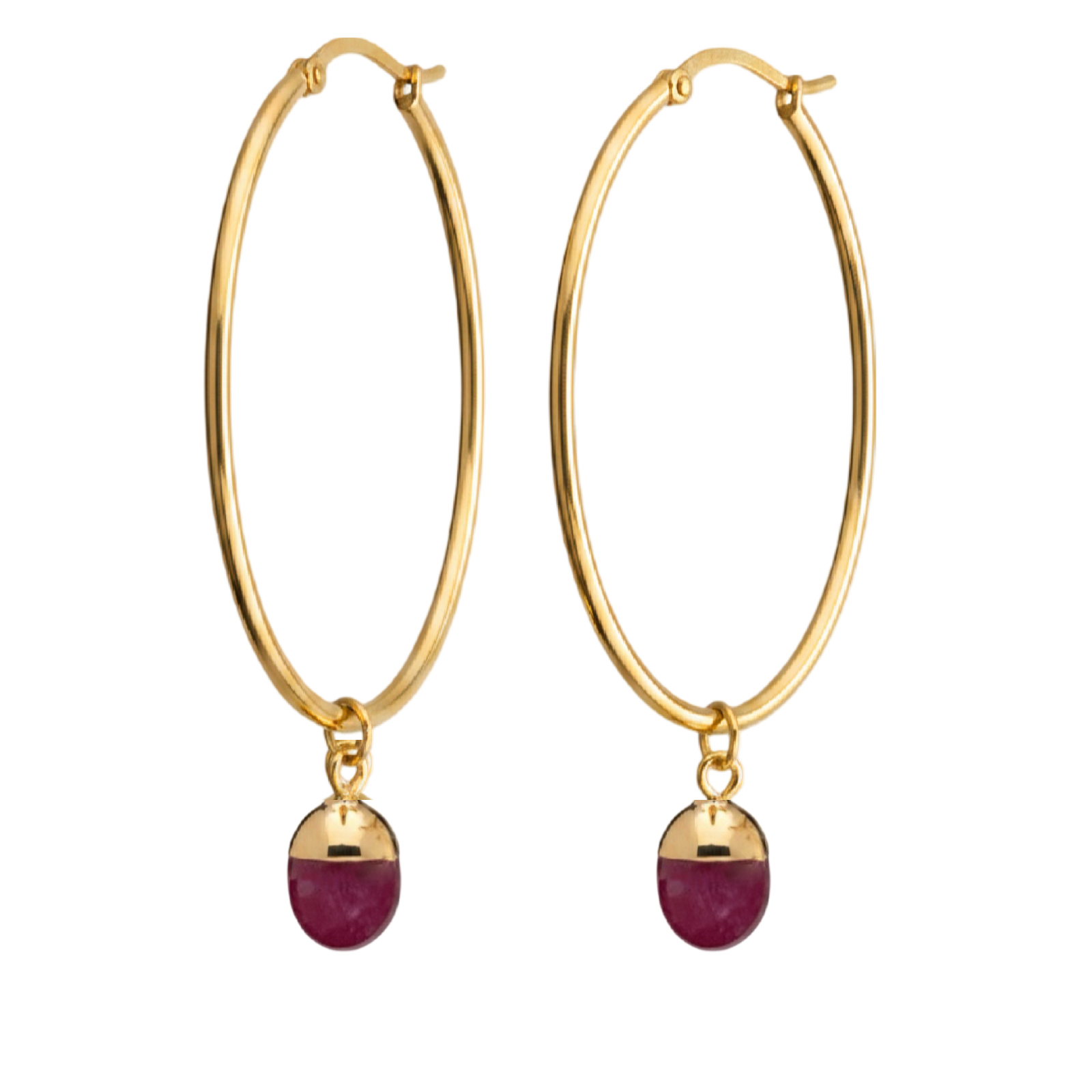 A pair of gold hoop earrings with small oval deep pink crystal shown on a plain white background.