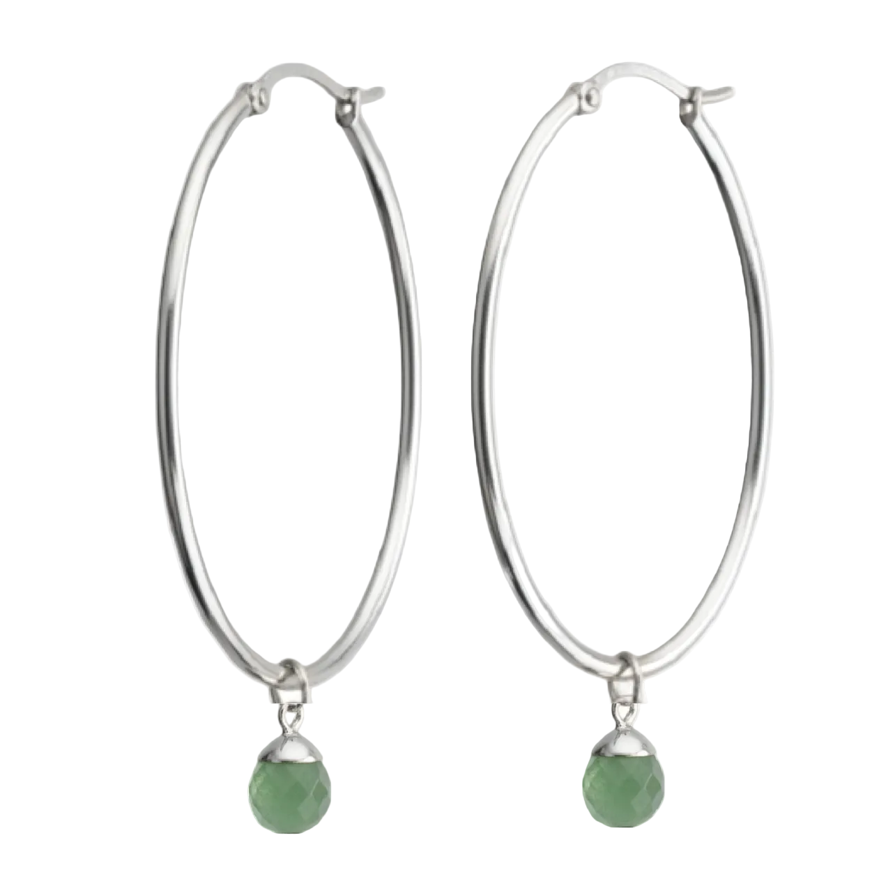 A pair of silver hoop earrings with small green faceted bead drops, shown against a plain white background.