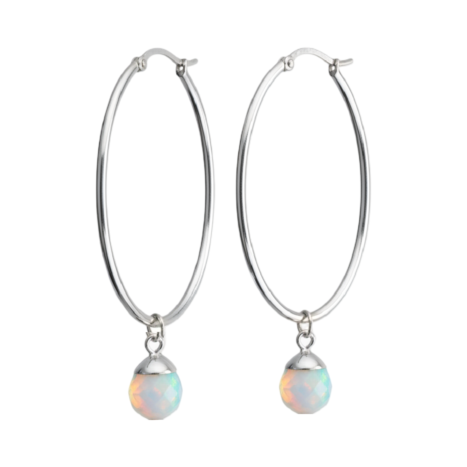 A pair of silver hoop earrings with faceted iridescent opal bead drops, shown against a plain white background.