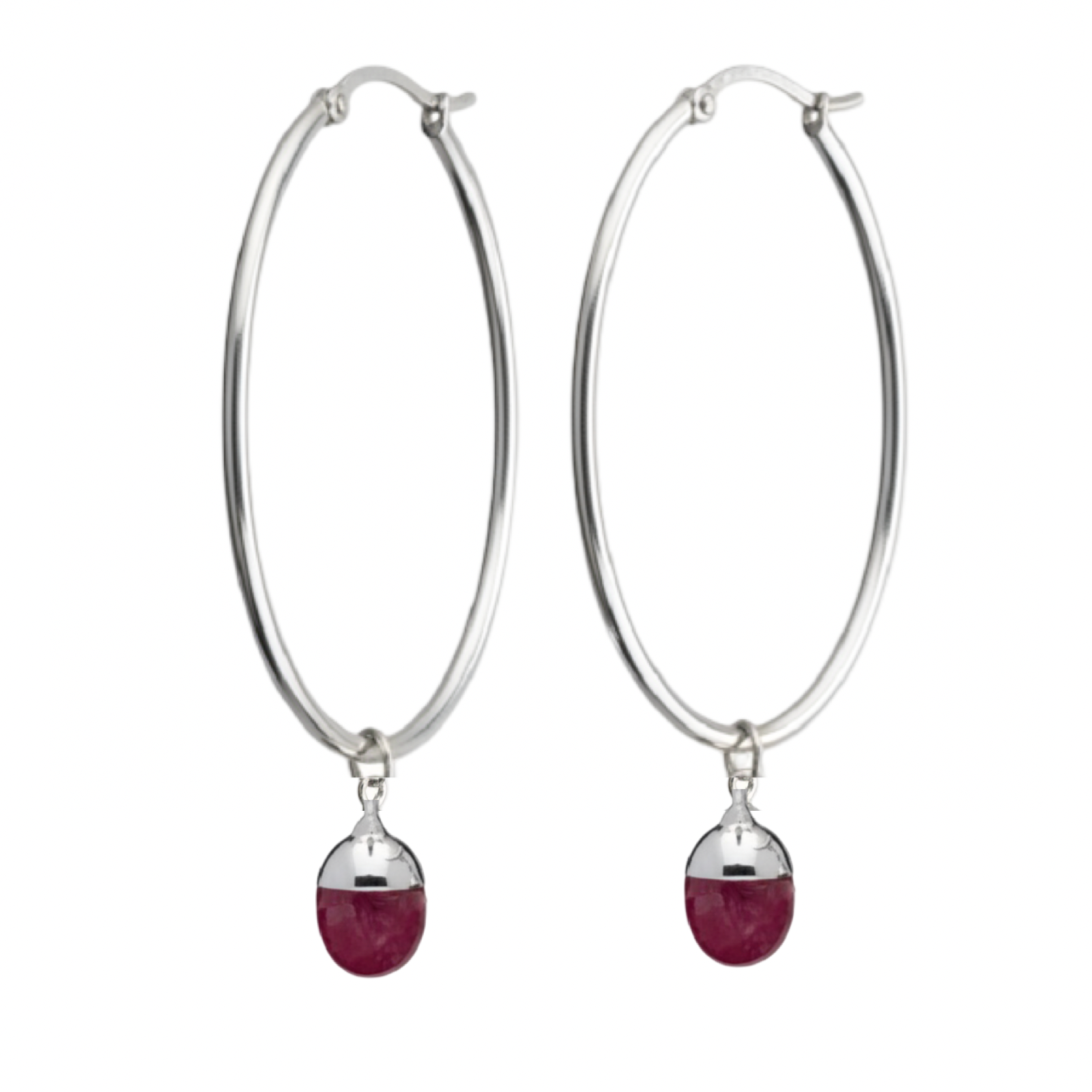 A pair of silver hoop earrings with small oval faceted dark pink gemstone, shown on a plain white background.